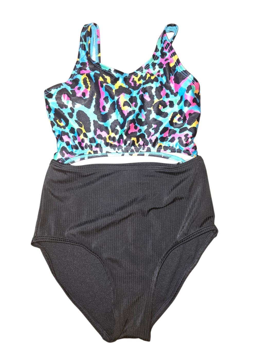 Girls' Black High-Waist One-Piece Swimsuit with Colorful Leopard Top